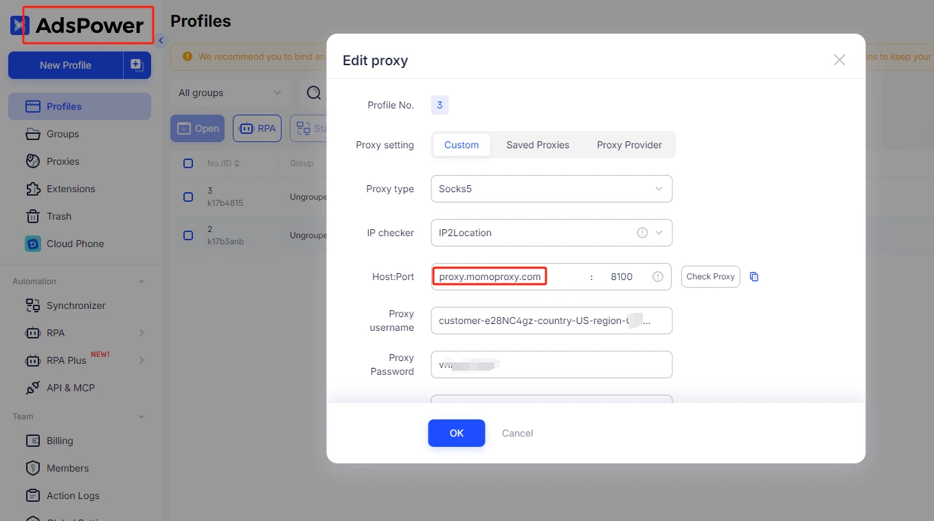 adspower + momoproxy